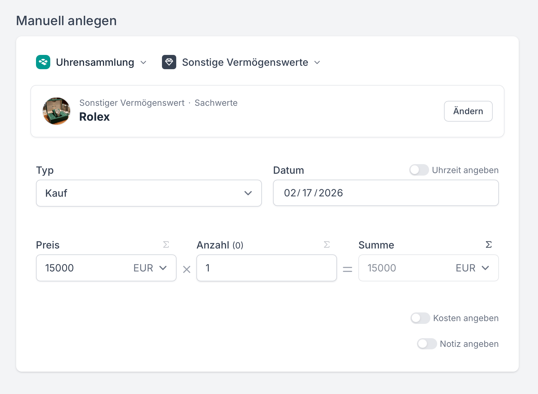 Sachwert anlegen